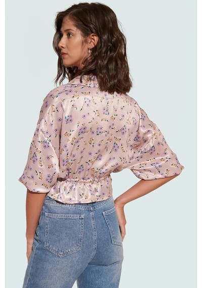 Ersefa Çiçek Desenli Saten Bluz Kadın Crop Düğmeli 100% Polyester Daya Pudra