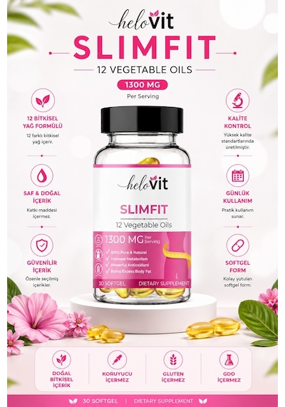 Helovit Slimfit 1300 Mg 12 Bitkisel Yağ İçeren Takviye Ve Yağ Yakım Desteği 30 Softjel