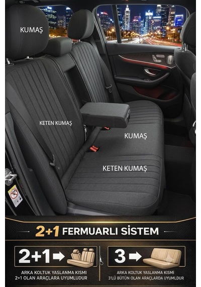 Perfetto Serisi Lüks Keten Üniversal Oto Koltuk Kılıfı - 5 Koltuk Tam Set Siyah
