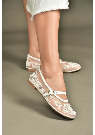 Fox Shoes Y726330115 Beyaz İnci Detaylı File Kadın Babet