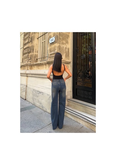 Zdnjeans Kadın Yüksek Bel Wide Leg Palazzo Jeans Pantolon Koyu Mavi