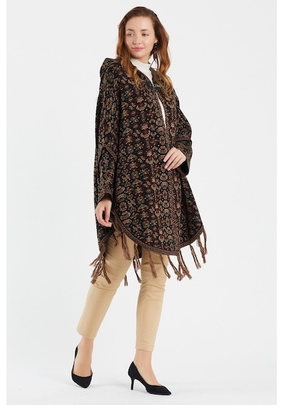 Uludağ Triko Kadın Çiçek Desenli Kilim Panço Gümüş-Std Gümüş