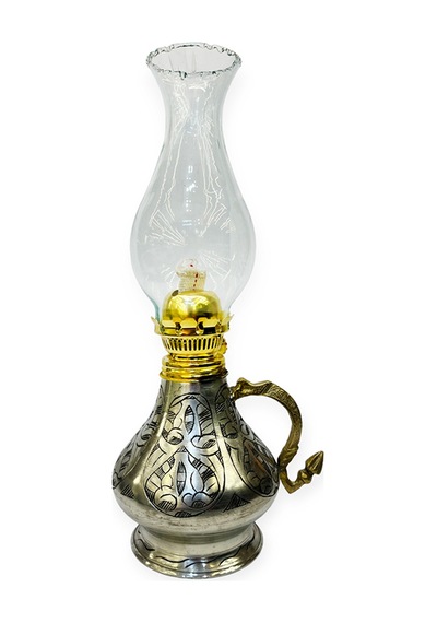 İşlemeli Bakır Gaz Lambası Büyük Boy, G10084 Gri