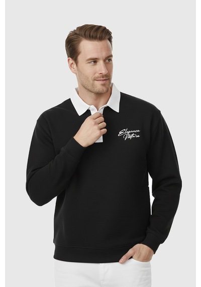 Rizzup Erkek Siyah Relax Fit İçi Polarlı Polo Yaka Sweatshirt Pamuklu Kalın Sweatshirt 2600762