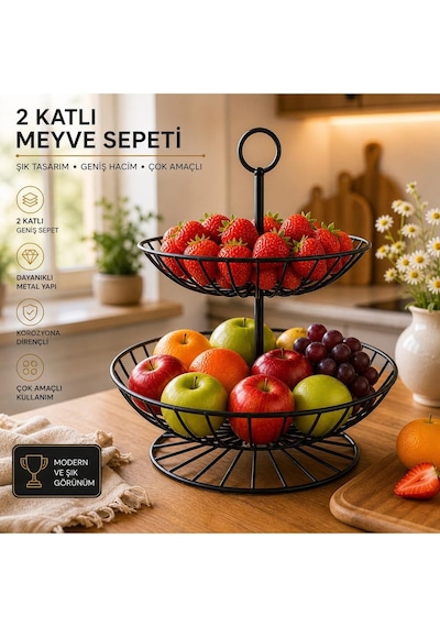 2 Katlı Metal Meyve Sepeti Siyah Geniş Hacimli Çok Amaçlı Meyvelik Sebzelik Sunum Standı Kaymaz Ayaklı Modern Mutfak Organizer 28 X 32