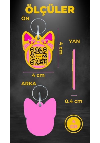 Petjoo 1.Bastet Pembe-Sarı Qr'lı Kedi Künyesi