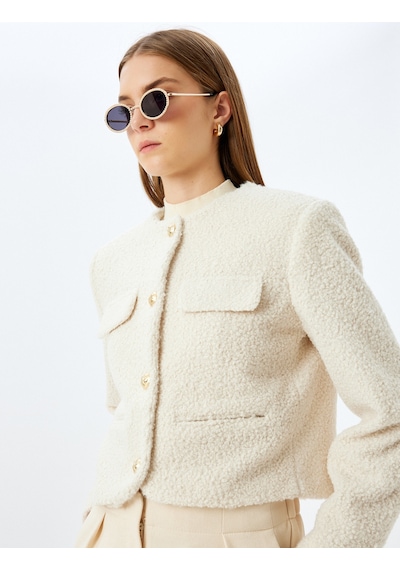 Koton Kapaklı Cep Detaylı Yakasız Crop Tüvit Blazer Ceket Ekru 5wak20059ew Ekru