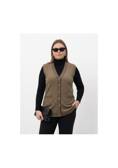 Onno Style Women Bantı Hasır Desenli Çelik Örgü Klasik Triko Yelek Bej