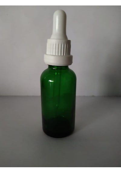 İnce Damlalıklı Cam Şişe Yeşil Kilitli Kapak Beyaz 30 ML (10 Adet)