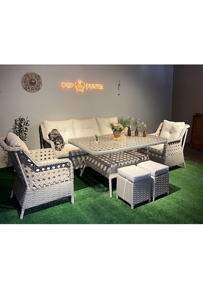 Depodunya Sercangarden Rattan Bahçe Balkon Teras Mobilyası Bahçe Takımı Oturma Grubu 7 Kişilik Bahçe Takımı Krem