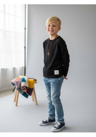 Zekids Erkek Çocuk Pamuklu Dokulu Kumaş İnce Uzun Kollu Sweatshirt-16630 Siyah