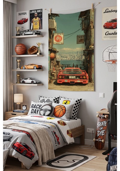 Retro Araba Duvar Örtüsü, Vintage Racing Oda Dekoru, Kumaş Duvar Halısı Beyaz
