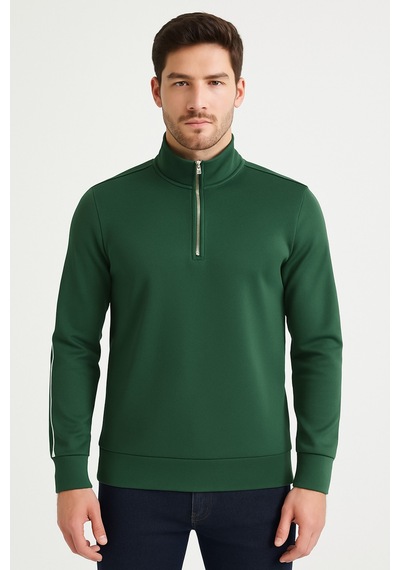 We&me Regular Fit Yarım Fermuarlı Dik Yaka Basic Sweatshirt Yeşil