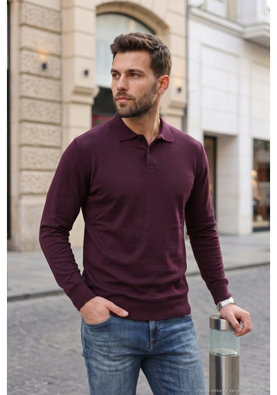 Buratti Pamuklu Regular Fit Yumuşak Dokulu Düğmeli Polo Yaka Kazak Erkek Polo Yaka Kazak 5906103 Bordo