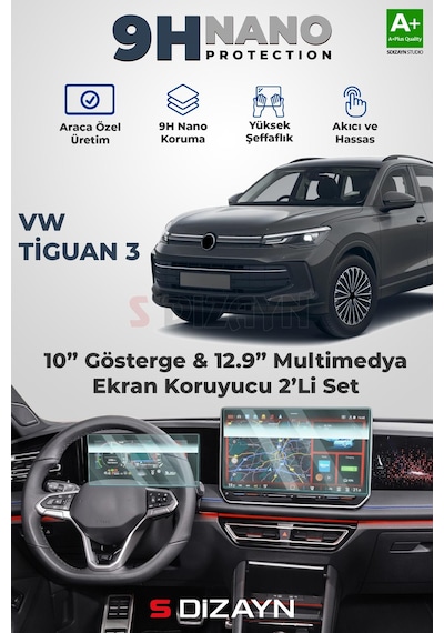 S-dizayn Vw Tiguan 3 10 İnç Gösterge Ve 12.9 İnç Multimedya 9h Nano Ekran Koruyucu 2'li Set Parlak 2024 Üzeri A+ Kalite