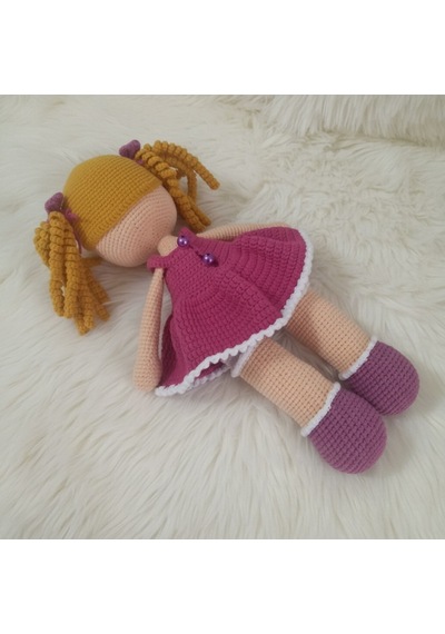 Amigurumi Kız Bebek El Yapımı %100 Pamuk 35 Cm Bej - Pembe