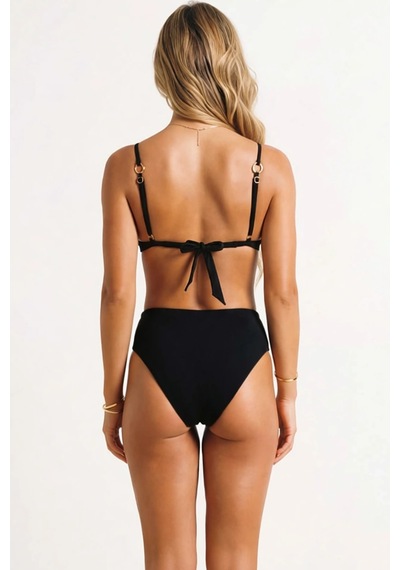Benerly Kadın Bikini Takımı Üçgen Kaplı Yüksek Bel Slip Alt Aksesuarlı Ko Siyah