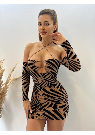 Pink Life Kahverengi Flog Baskılı Mini Elbise