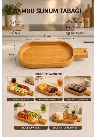 Bambu Saplı Sunum Tabağı 31x13 Cm Kahvaltılık Ve Atıştırmalık Servis Tepsisi