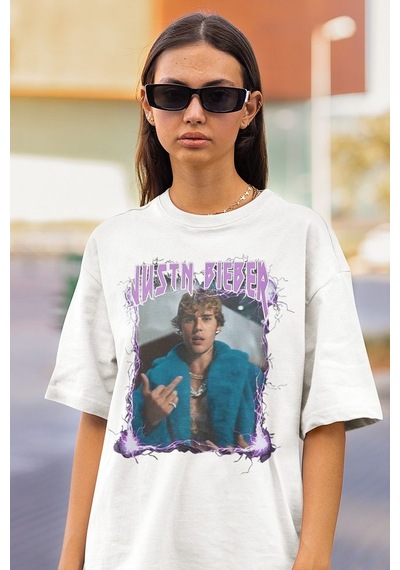 Justin Bieber Baskılı Unisex Oversize Şarkıcı Tişört Beyaz