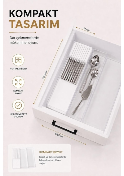 Çekmece İçi Bıçaklık Organizer Bölmeli Mutfak Düzenleyici Beyaz S-11029 Çok Renkli