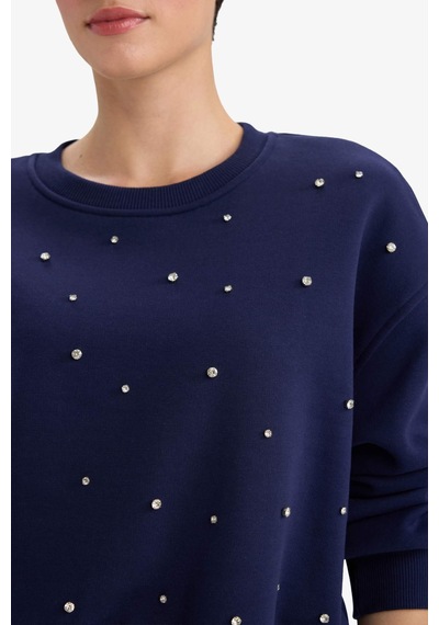 Defacto Boxy Fit Bisiklet Yaka İşlemeli Kalın Sweatshirt G2153ax25wnnv28 Lacivert