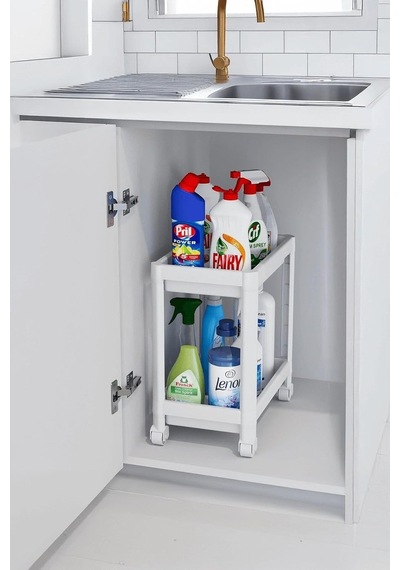 Sas Haus Flex Elite Pro 2 Katlı Beyaz Tekerlekli Çok Amaçlı Banyo & Mutfak Düzenleyici Raf - Evye Altı Raf Beyaz 4 Diğer