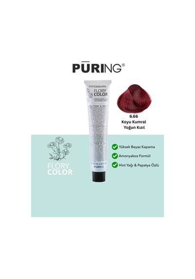 Puring Flory Color Papatya Özlü Amonyaksız Saç Boyası 100 ML 6.66 Koyu Kumral Yoğun Kızıl