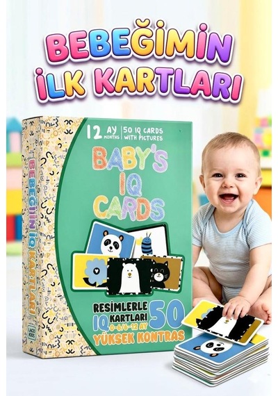 Bebeğimin İlk Iq Kartları 0-12 Ay Bebekler İçin Resimli Yüksek Kontrastlı Eğitici Kartlar 50 Adet