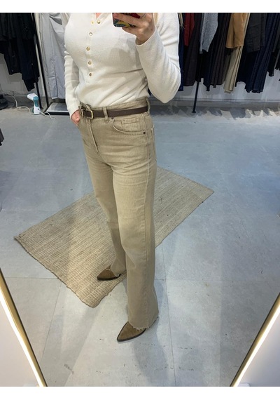 Bej Geniş Kesik Paça Wide Leg Kadın Jean Pantolon Bej