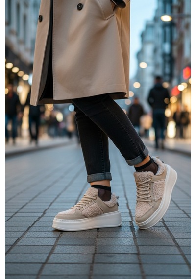 Muggo Fleecy Kalın Taban Bağcıklı Peluş Detaylı Kadın Kışlık Sneaker Spor Ayakkabı Bej