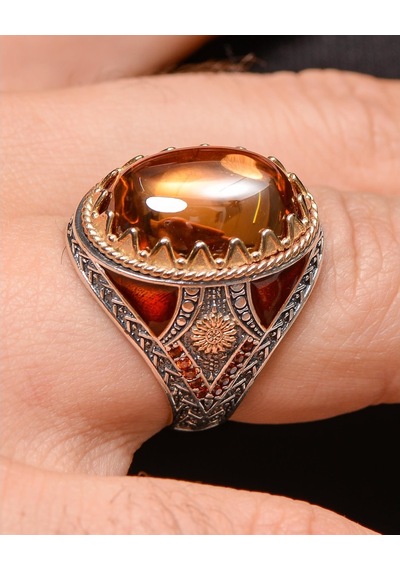 Gümüş Erkek Yüzük Şampanya Topaz Taşlı Zirkon Taş Süslemeli (537125177)