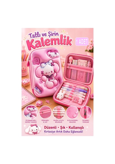 Pembe Kabartmalı Bölmeli Kalemlik 1 Adet P-5984 Kız Çocuk Okul Kalem Kutusu 3 Boyutlu Fermuarlı Hediyelik