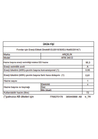Arçelik AFM 340 D Fibona Serisi Ankastre Multifonksiyon Fırın