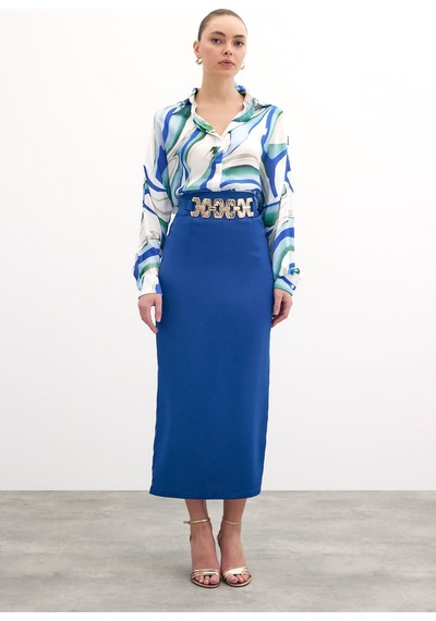 Sateen Gold Aksesuarlı Uzun Etek - Saks Mavi-135888 Saks Mavi