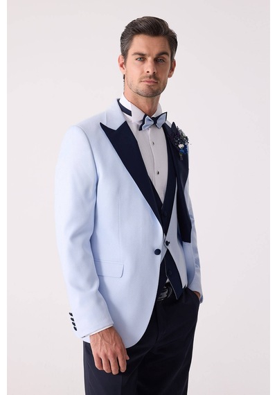 Ysf Erkek Açık Mavi Yelekli Kırlangıç Yaka Slim Fit Damatlık