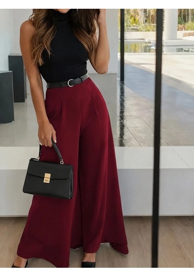 DefyModa Kadın Yüksek Bel Kemerli Double Kumaş Palazzo Pantolon Bordo