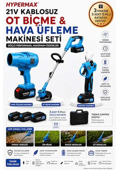 3 Lü Şarjlı Bahçe Seti Çim Biçme Makinesi Dal Budama Makası Ve Hava Yaprak Üfleyici 3 Bataryalı Mavi