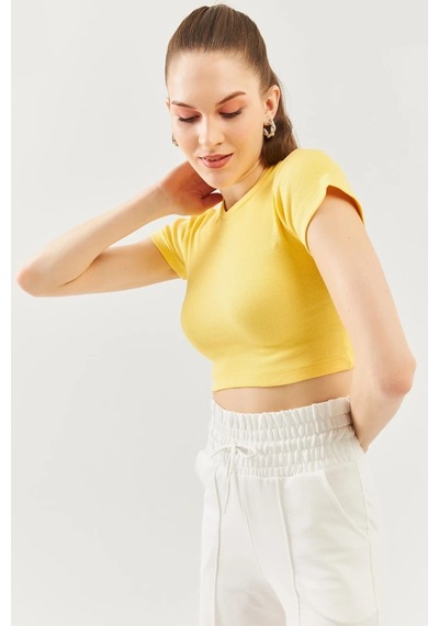 Butikgiz Kadın Kısa Kol Bisiklet Yaka Vücuda Oturan %100 Pamuklu Kaşkorse Esnek Crop Bluz Sari