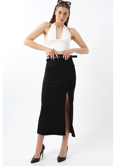 Winmoda34 Kadın Uzun Kemerli 92cm Maxi Boy Yırtmaçlı Süet Etek Siyah