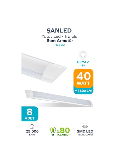 120 Cm 40 Watt Yatay Led Bant Armatür-trafolu Beyaz Işık-1-2-4-5-8-10-20-40 Adettir Beyaz-8 Adet Diğer