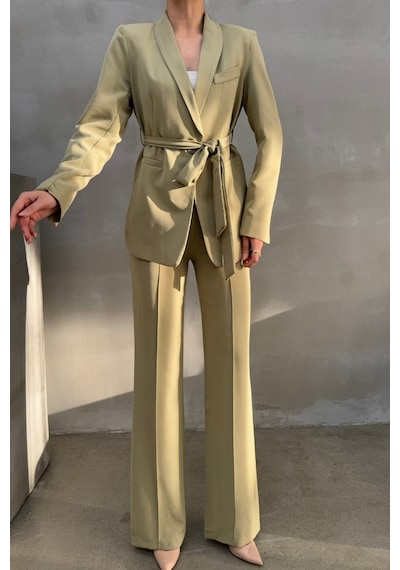 Msm Fashion Kadın İkili Kuşaklı Blazer Ceket Pantolon Takım Açık Haki