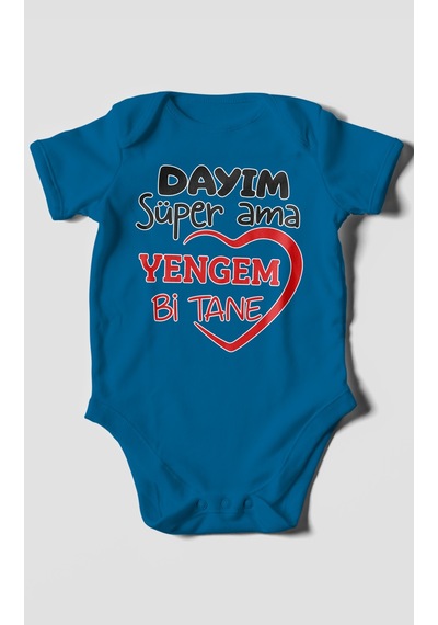 Morivokids Dayım Süper Ama Yengem Bir Tane Kısa Kollu Bebek Body %100 Pamuk Koyu Mavi