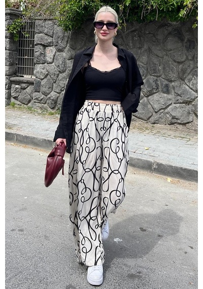 Madmext Ekru Desenli Beli Lastikli Bol Paça Pantolon Mg2051-ekru Ekru