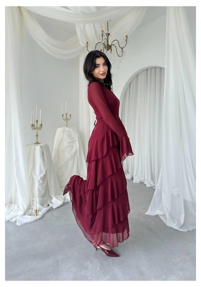 Nils Butik Katlı Şifon Detaylı Uzun Abiye Elbise Bordo