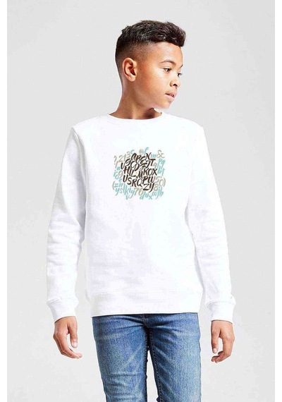 Tshirthane Graffiti Letter Baskılı Unisex Çocuk Beyaz Sweatshirt Beyaz