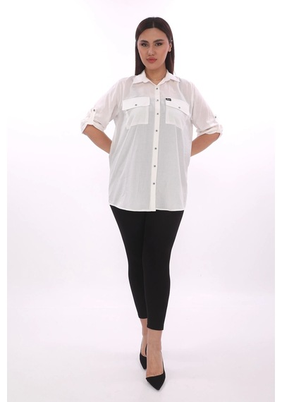 Lady Majestic %100 Cotton Büyük Beden Natural Gömlek - Beyaz