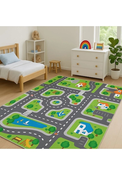 Yeşil Renk Şeritli Yol Çocuk Odası Oyun Halısı Yeşil