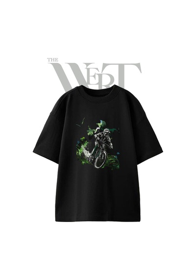 Thewert Dag Bisikletcisi Tasarım Baskılı Ünisex Siyah Oversize T-shirt