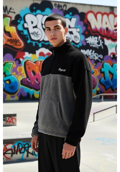 Benerly Erkek Dik Yaka Standart Kol Renk Bloklu Peluş Sweatshirt Fonksiyo siyah